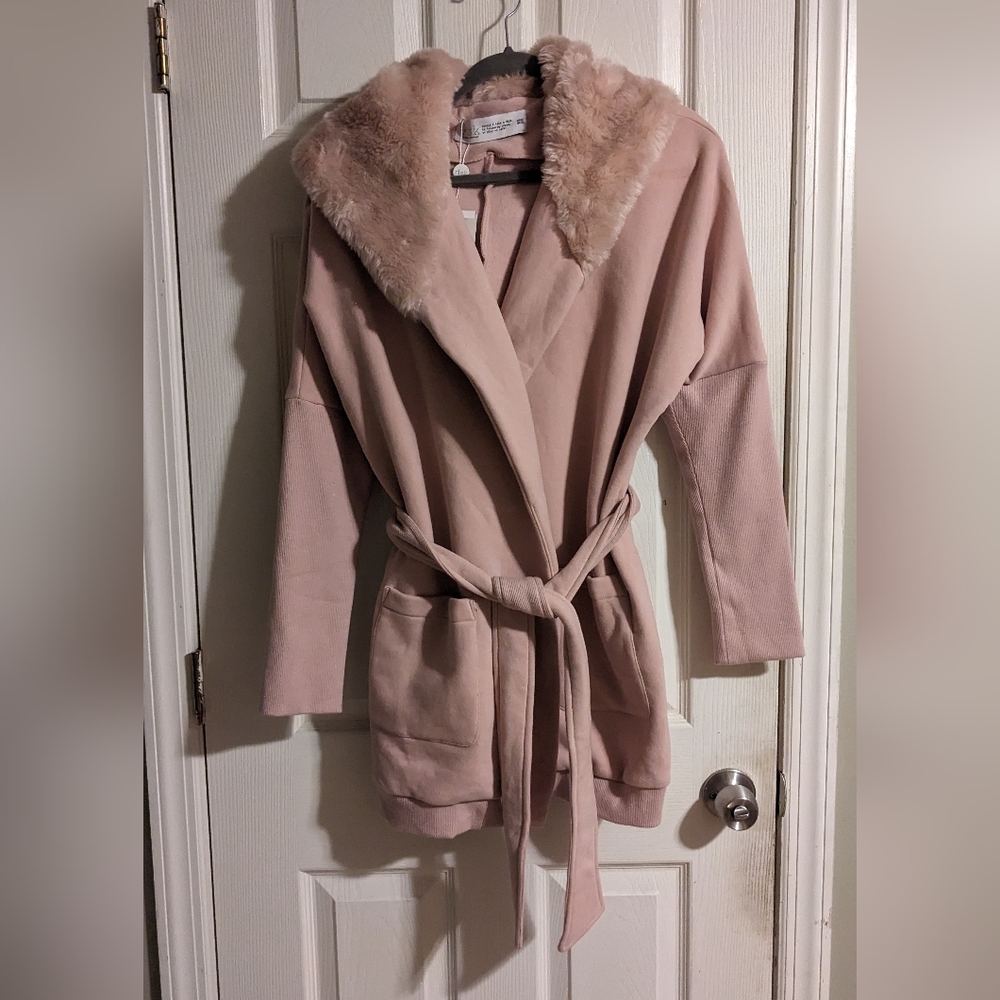 Risk Faux Fur Trim Jacket One Size Light Pink Belted Sporty